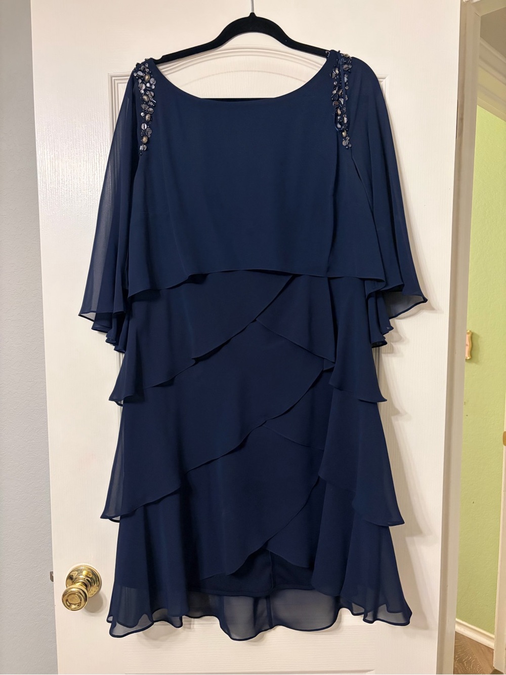 Navy Tiered Chiffon Midi Dress with Beaded Shoulder Detail